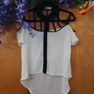 Black and White Off Shoulder Blouse With Cutout Design and Collar